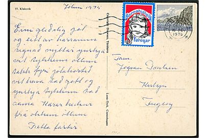 70 øre Klipper og Børnehjælpfonden mærke med blå rand på brevkort (Klaksvik) stemplet Tórshavn d. 16.12.1975 til Fugley.