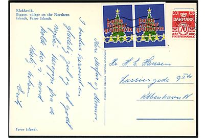 70 øre Bølgelinie og Børnehjælpsfonden julemærke stukken kant i parstykke på julekort fra Tórshavn d. 17.12.1973 til København.