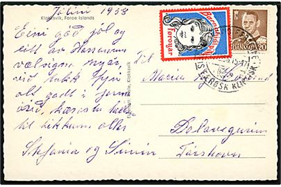 20 øre Fr. IX og Børnehjælpsfonden med rød rand på brevkort (Klaksvik i sne) annulleret med klipfiskstempel Klaksvig Færøerne d. 19.12.1958 til Thorshavn.