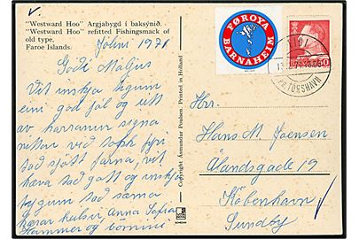 50 øre Fr. IX og Føroya Barnaheim mærke på brevkort (Fiskesmakke Westward Hoo) annulleret med pr.-stempel Eidi pr. Tórshavn d. 13.12.1971 til København.