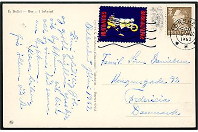 20 øre Fr. IX og Børnehjælpsfonden mærke 1960 udg. på brevkort (Úr Koltri - Hestur i baksyni) fra Tórshavn d. 18.12.1962 til Fredericia. 