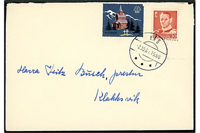 30 øre Fr. IX og Kirkernes Verdensråd mærkat Norge med stavkirke på brev annulleret brotype IId Våg sn1 d. 2.10.1961 til Klaksvik.