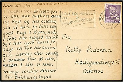 15 øre Fr. IX på lokalt brevkort annulleret med TMS Lod os mødes i Hjemmeværnet / Odense 1. d. 20.2.1953.