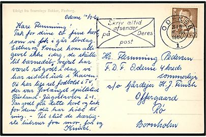 20 øre Fr. IX på brevkort fra Odense d. 11.7.1960 til F.D.F. Odense 4. Kreds Sommerlejr i Rø på Bornholm.