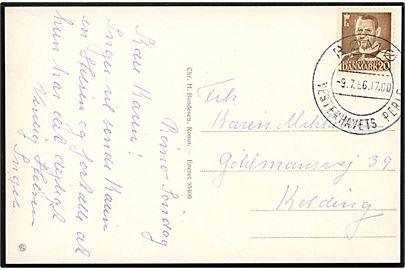 20 øre Fr. IX på brevkort (Klitparti ved Lakolk på Rømø) annulleret med turiststempel Rømø / Vesterhavets Perle d. 9.7.1956 til Kolding.