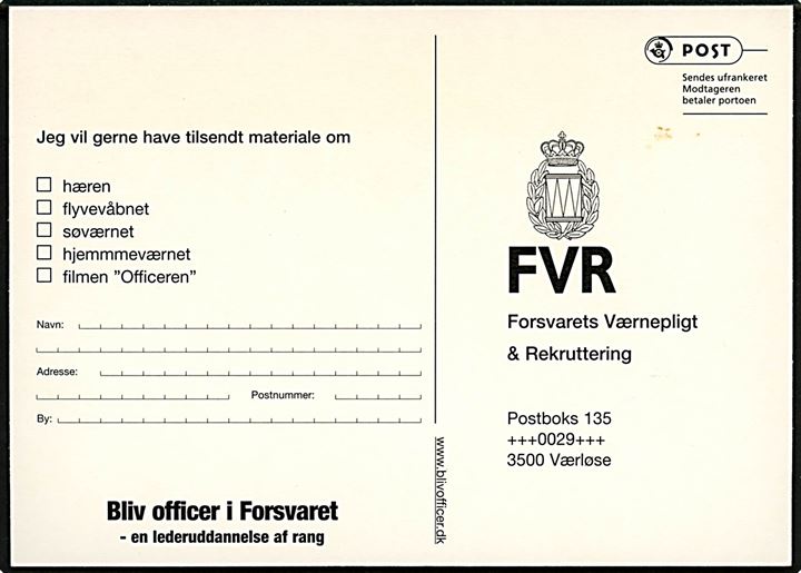 Bliv officer i Forsvaret. Bestillingskort af materiale ved Forsvarets Værnepligt & Rekruttering. 