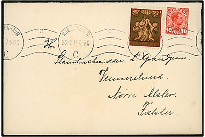 10 øre Chr. X og Julemærke 1917 på brev med indhold fra Premierløjtnant F. Kiær, chef for Inspektionsskibet Fenris i Køge Bugt annulleret Kjøbenhavn d. 23.12.1917 til Vennerslund pr. Nørre Alslev.