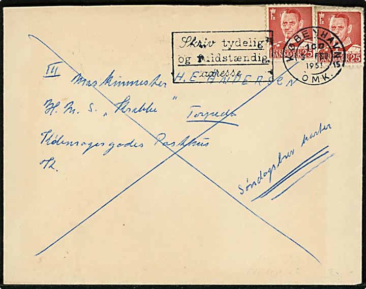 25 øre Fr. IX (2) på lokalt søndagsbrev i København d. 3.2.1951 til maskinmester ombord på torpedobåden Krabbe via den faste flådepostadresse: Købmagergades Postkontor K.