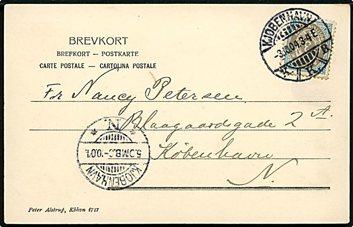 3 øre Tofarvet vm. III omv. rm. på brevkort (Dampbåden ved Frederiksdal) sendt lokalt i Kjøbenhavn d. 3.10.1904. AFA: 1000,-