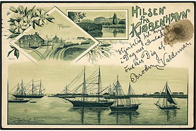 Købh., Hilsen fra Kjøbenhavn med Frihavnen med tog, Kunst-Museum og Rheden med sejlskibe. No. 1344.