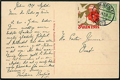 5 øre Chr. X og Julemærke 1914 på brevkort (Nysted indkørsel fra nord med mølle) annulleret med bureaustempel Nykjøbing F. - Nysted T36 d. 23.12.1914 til Omø.