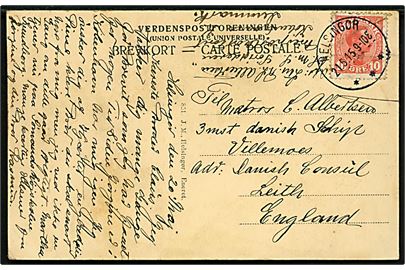 10 øre Chr. X på brevkort fra officer ombord på torpedobåden Søridderen i Helsingør d. 21.5.1915 til bror ombord på den 3-mastede bramsejlsskonnert Willemoes c/o danske konsul i Leith, Scotland.