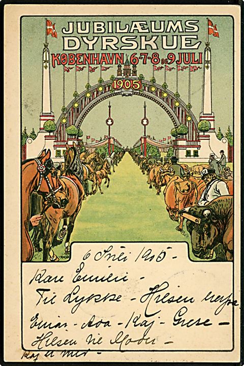 Rasmus Christiansen: København. Jubilæums Dyrskue. København 6 - 7 - 8 - 9 Juli 1905. U/no. Frankeret med 5 øre Våben fra Kjøbenhavn d. 6.7.1905 til Lohals.