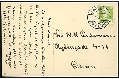 15 øre Chr. X på brevkort (Lundeborg havn med skibe) annulleret med pr.-stempel Lundeborg pr. Gudme d. 6.7.1948 til Odense. Stempel benyttet ca. 1½ måned tidligere end registreret af Bendix.