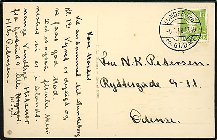 15 øre Chr. X på brevkort (Lundeborg havn med skibe) annulleret med pr.-stempel Lundeborg pr. Gudme d. 6.7.1948 til Odense. Stempel benyttet ca. 1½ måned tidligere end registreret af Bendix.