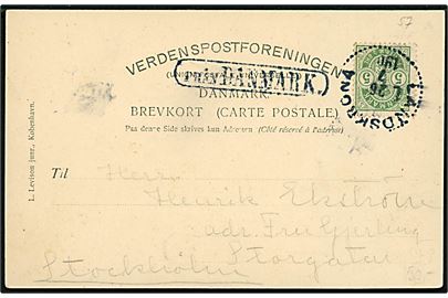 5 øre Våben på brevkort (Langelinie Pavillon) annulleret med svensk stempel i Landskrona d. 26.7.1905 og sidestemplet Från Danmark til Stockholm, Sverige.