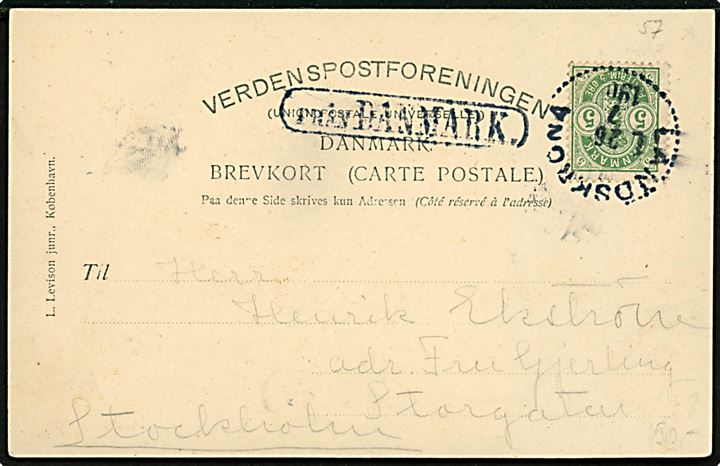 5 øre Våben på brevkort (Langelinie Pavillon) annulleret med svensk stempel i Landskrona d. 26.7.1905 og sidestemplet Från Danmark til Stockholm, Sverige.