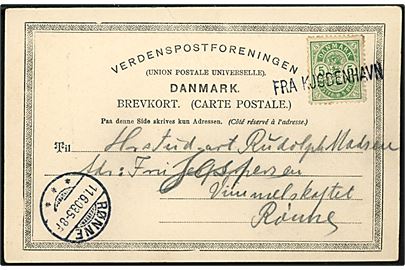 5 øre Våben på brevkort (Købh., Frue Kirke med hestetrukken sporvogn) annulleret med skibsstempel Fra Kjøbenhavn og sidestemplet Rønne d. 11.6.1903 til Rønne, Bornholm.