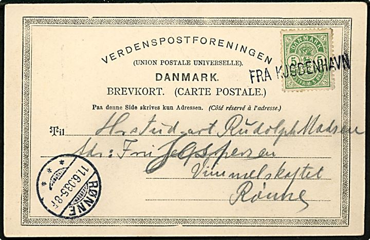 5 øre Våben på brevkort (Købh., Frue Kirke med hestetrukken sporvogn) annulleret med skibsstempel Fra Kjøbenhavn og sidestemplet Rønne d. 11.6.1903 til Rønne, Bornholm.