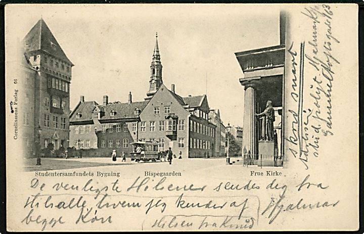 5 øre Våben på brevkort (Købh., Frue Kirke med hestetrukken sporvogn) annulleret med skibsstempel Fra Kjøbenhavn og sidestemplet Rønne d. 11.6.1903 til Rønne, Bornholm.