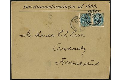 4 øre Tofarvet omv. rm. i parstykke på fortrykt kuvert fra Døvstummeforeningen af 1866 annulleret lapidar Kjøbenhavn V. Ø.K. d. 11.7.1897 til Overdraaby pr. Frederikssund.