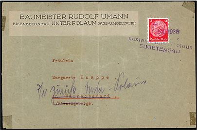 Sudetenland. Tysk 12 pfg. Hindenburg på brev annulleret med liniestempel Postamt Unter Polaun Sudetengau og 5.12.1938 til Harrachsdorf, Riesengebirge. Retur som ubekendt.