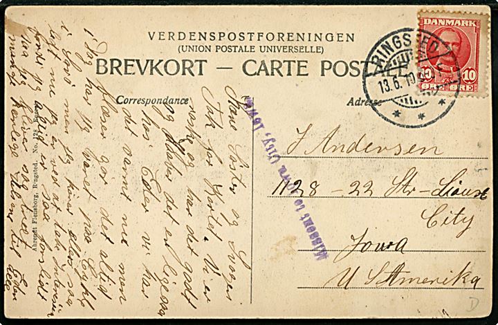 Ringsted, Kærehave Festplads. A. Flensborg no. 128. Frankeret med 10 øre Fr. VIII fra Ringsted til  Sioux City, Iowa, USA. Liniestempel Missent to Iowa City, Iowa.