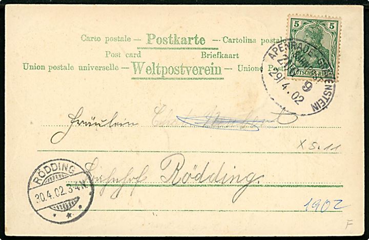 Aabenraa, Gruss aus med firkløver og prospekter - bl.a. Kreis Bahnhof. Rosenblatt no. 7880. Frankeret med 5 pfg. Germania annulleret med bureaustempel Apenrade - Gravenstein Bahnpost Zug 9 d. 29.4.1902 til Rödding.