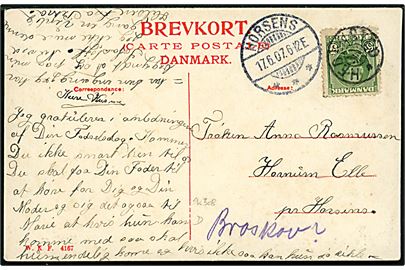 5 øre Fr. VIII på brevkort (Horsens, Møgelkjær) annulleret med stjernestempel HEDENSTED og sidestemplet Horsens d. 17.6.1907 til Hornum Elle pr. Horsens - forsøgt pr. Broskov. 