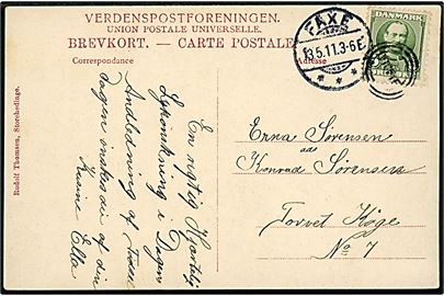 5 øre Fr. VIII på brevkort (Stevns Fyrtaarn) annulleret med Esrom-type stempel VTOFTE og sidestemplet Faxe d. 13.5.1911 til Køge.