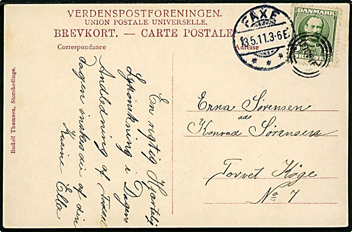 5 øre Fr. VIII på brevkort (Stevns Fyrtaarn) annulleret med Esrom-type stempel VTOFTE og sidestemplet Faxe d. 13.5.1911 til Køge.