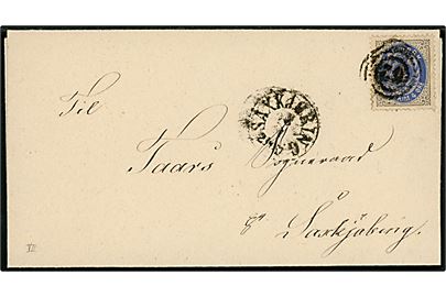 4 øre Tofarvet tidligt tryk på lokalbrev annulleret med nr.stempel 62 og sidestemplet antiqua Saxkjøbing d. 8.1.187x til Taars Sogneraad pr. Saxkjøbing.