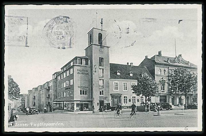 15 øre Karavel på brevkort (Vægtergaarden, Odense) fra Odense d. 27.6.1942 til svensk feltpostadresse: Fältpost 38654 Litt. F., Sverige. Passér stemplet ved censuren i København.