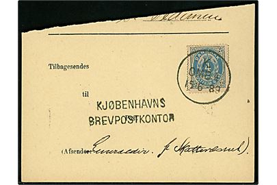 4 øre Tofarvet annulleret med ombæringsstempel K. OMB.4 d. 15.6.1889 på kvitteringsdel af Modtagelsesbevis til Kjøbenhavns Brevpostkontor. 