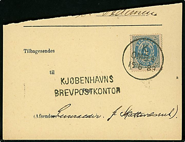 4 øre Tofarvet annulleret med ombæringsstempel K. OMB.4 d. 15.6.1889 på kvitteringsdel af Modtagelsesbevis til Kjøbenhavns Brevpostkontor. 