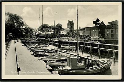 Stubbekøbing, bådehavnen med sejlskib på bedding. Stenders no. 66004.