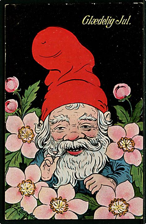 Henrik Larsen: Nisse med blomster. Glædelig Jul. Stenders u/no.