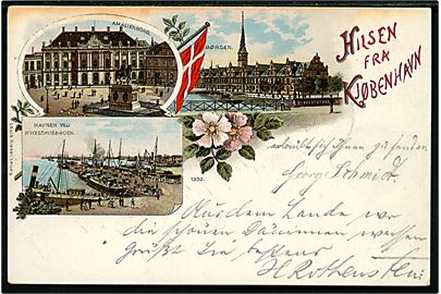 Købh., Hilsen fra Kjøbenhavn med Amalienborg, Kvæsthusbroen og Børsen. L. Glaser no. 1330.