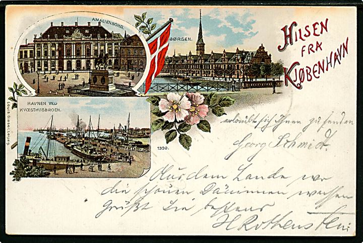 Købh., Hilsen fra Kjøbenhavn med Amalienborg, Kvæsthusbroen og Børsen. L. Glaser no. 1330.