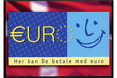 Her kan du betale med euro. CentrumDemokraternes agitationskort for at stemme Ja ved folkeafstemningen om Danmarks tilslutning til Den Økonomiske og Monetære Union (ØMU) d. 28.9.2000. Go-Card no. 4897.