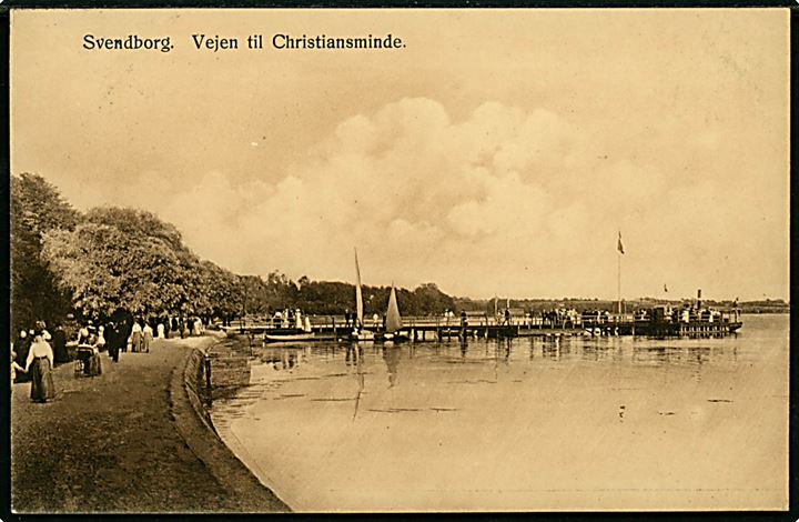 2 øre Bølgelinie og 5 øre Chr. X på brevkort (Christiansminde med dampskibet S/S Agnete) annulleret med bureaustempel Nyborg - Svendborg T.27 d. 17.1.1919 til København.