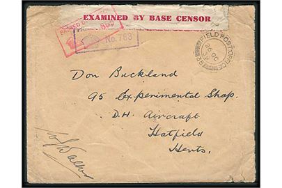 Ufrankeret feltpostbrev stemplet Field Post Office 35 (= Ekspeditionskorps i Frankrig) d. 26.10.1939 til 95 Experimental Shop, D.H. Aircraft, Hatfield, England. Dobbelt censureret .