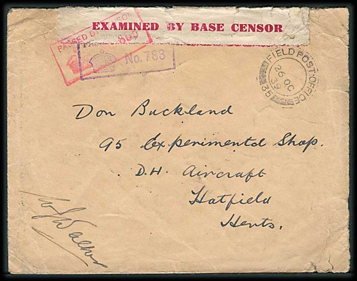 Ufrankeret feltpostbrev stemplet Field Post Office 35 (= Ekspeditionskorps i Frankrig) d. 26.10.1939 til 95 Experimental Shop, D.H. Aircraft, Hatfield, England. Dobbelt censureret .