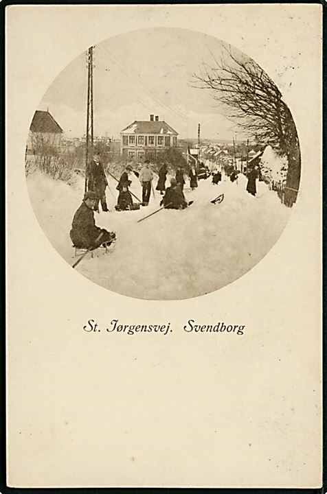 Svendborg. St. Jørgensvej ved vintertid. Stenders no. 47747. Med 10 øre Chr. X, annulleret KVÆRNDRUP bro IIIb d. 20.12.1919 til Nexø, Bornholm. 