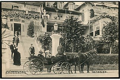 Skodsborg, Badehotellets terrasse med hestevogn. Stenders no. 8682.