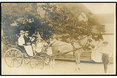 Familie i hestevogn. Fotokort anvendt i København 1908.