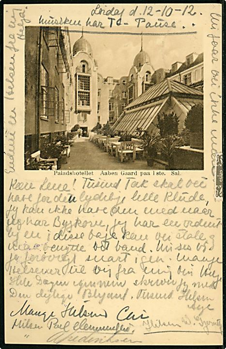 2 øre (4) og 3 øre (ombøjet) på overfrankeret brevkort (Købh., Paladshotel) fra Kjøbenhavn d. 13.10.1912 til Hotel Bristol, Berlin, Tyskland. Violet ank.stempel fra Hotel Bristol d. 14.10.1912.