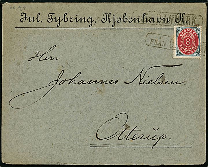 8 øre Tofarvet på skibsbrev fra København annulleret med svensk skibsstempel Från Danmark og på bagsiden transit stemplet med svenske bureaustempler d. 19.9.1892 og lapidar Odense d. 20.9.1892 til Otterup.