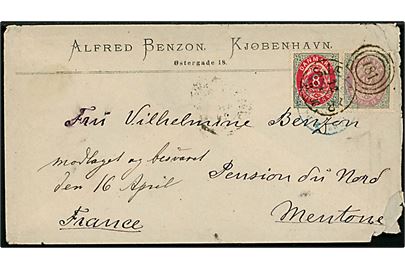 8 øre og 12 øre Tofarvet på 20 øre frankeret fortrykt kuvert fra Alfred Benzon i København annulleret med kombineret nr.stempel 181/Sjæll.P.B. d. 12.4.1879 via Paris til Vilhelmine Benzon, Pension du Nord i Mentone, Frankrig. 12 øre med svagt hj.tak og kuvert med skader.