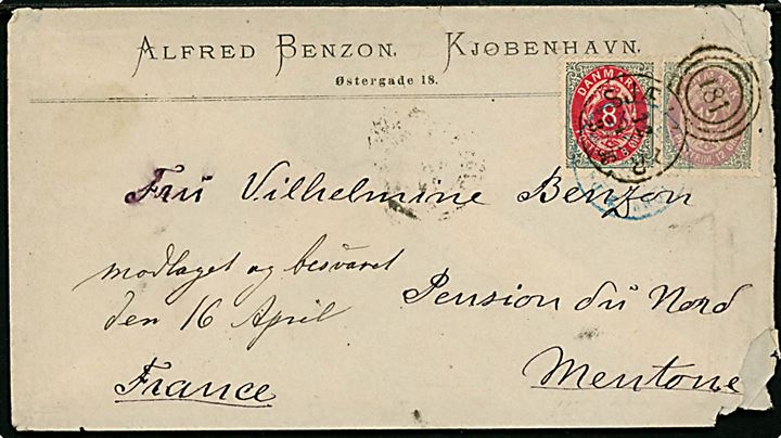 8 øre og 12 øre Tofarvet på 20 øre frankeret fortrykt kuvert fra Alfred Benzon i København annulleret med kombineret nr.stempel 181/Sjæll.P.B. d. 12.4.1879 via Paris til Vilhelmine Benzon, Pension du Nord i Mentone, Frankrig. 12 øre med svagt hj.tak og kuvert med skader.